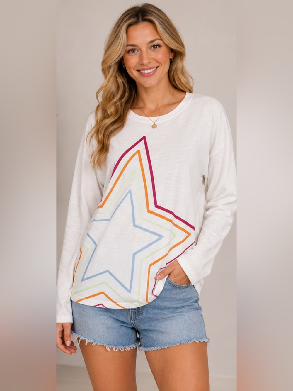 Thereabouts White Rainbow Star Graphic Long Sleeve Tee Girls 2XL (20.5)